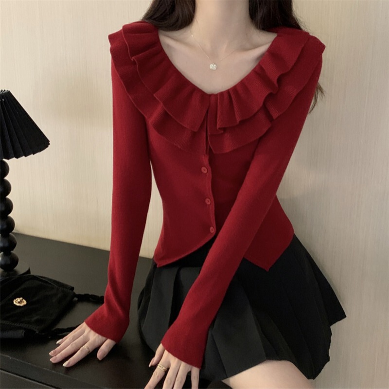 French Ruffled V-neck New Year Red Knitted Cardigan Women's Autumn and Winter Slim-fit High-end Elegant Thick Sweater Jacket