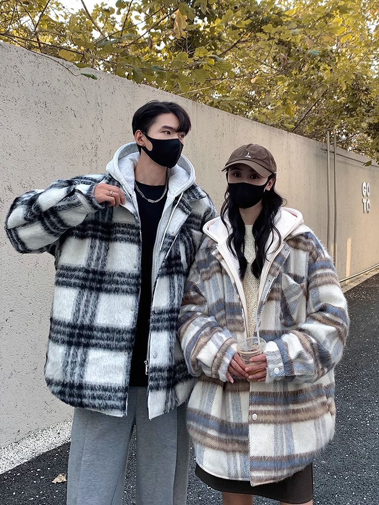 Abrigo a cuadros de dos piezas falso americano para hombres, otoño e invierno, nueva marea nacional, chaqueta acolchada de algodón con capucha de lana retro gruesa y cálida