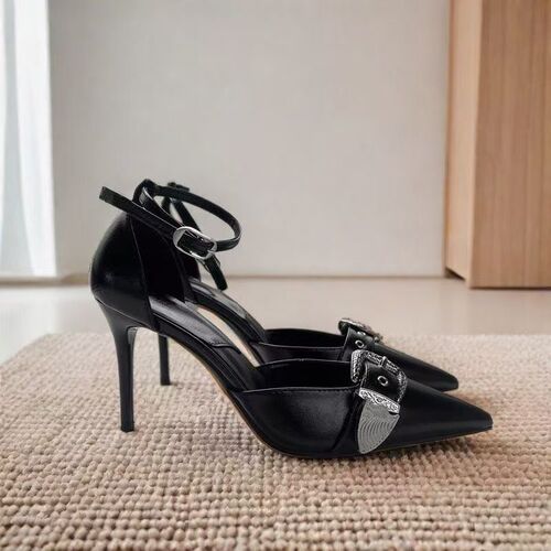 Bolts one-piece sandals 2025 height-increasing fashionable pointed toe thin heel covered sexy black punk wind-through hollow women's shoes