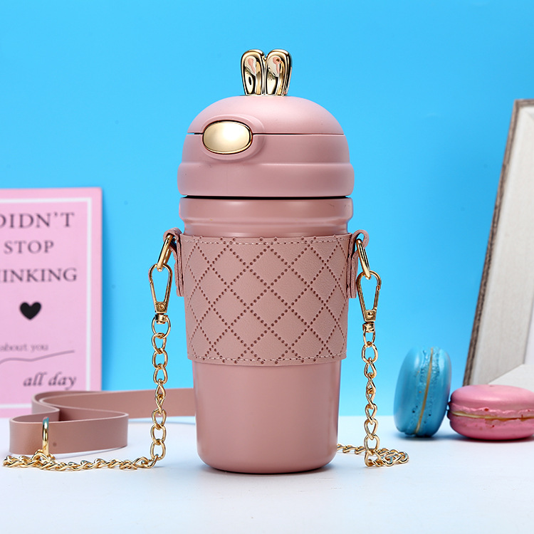 Moda lindo conejo rebote paja taza 304 Acero inoxidable taza de vacío de las mujeres portátil crossbody conejo taza de agua al por mayor