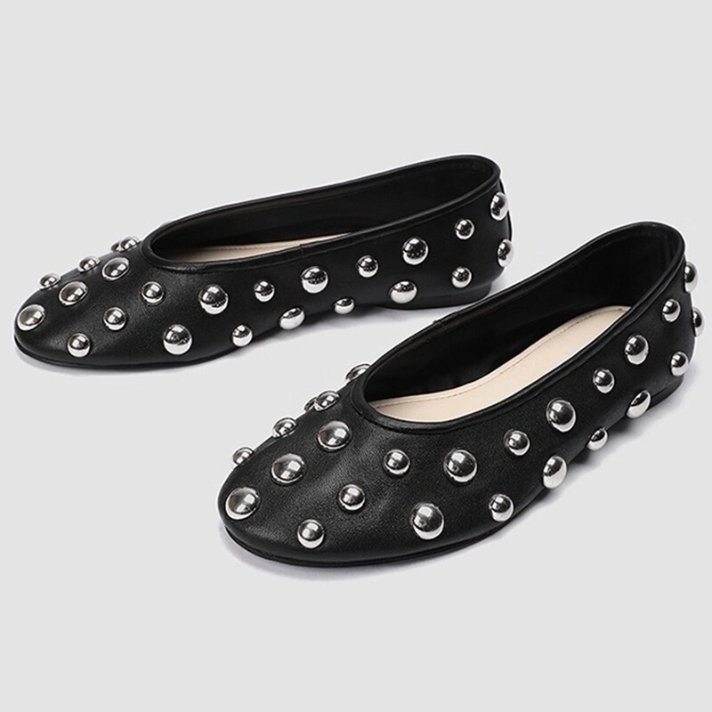 2025 Spring New Women's Shoes Black Leather Ballet-Style Flat Casual Shoes with Rivet Decoration Shallow Mouth Comfortable Flats for Women