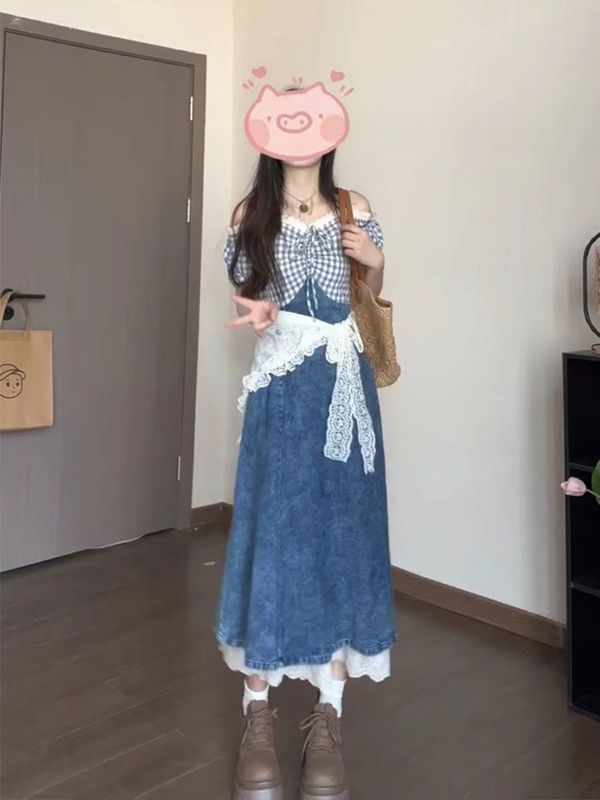 フォレストスタイルのレトロで甘いデザインのデニムステッチフェイクツーピースドレス女性の夏の新しい気質痩身ロングスカート|undefined