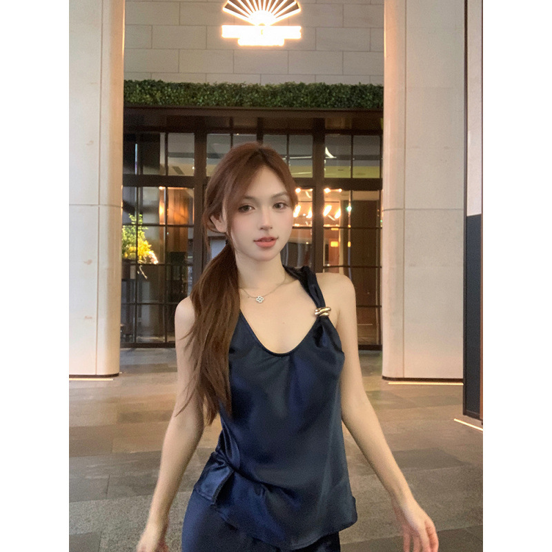 纯欲无袖高级金扣醋酸背心高腰垂感微喇阔腿裤字半裙套装女|undefined