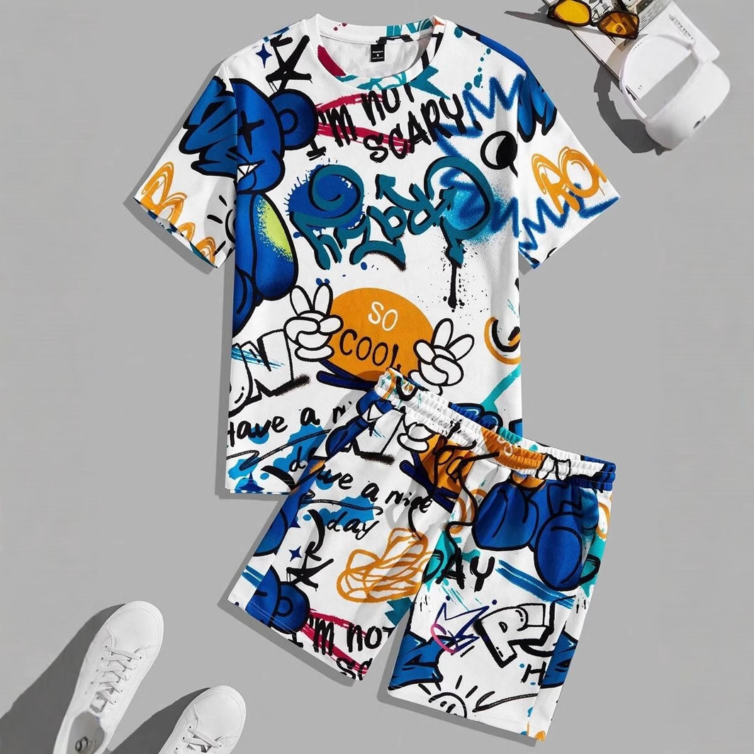Tendencia colorido graffiti 3D estampado spot traje de hombre camiseta traje de hombre cuello redondo pantalones cortos con cordón de manga corta