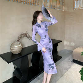 连衣裙女秋季新中式旗袍紫色印花纯欲辣妹喇叭长袖包臀裙国风长裙
