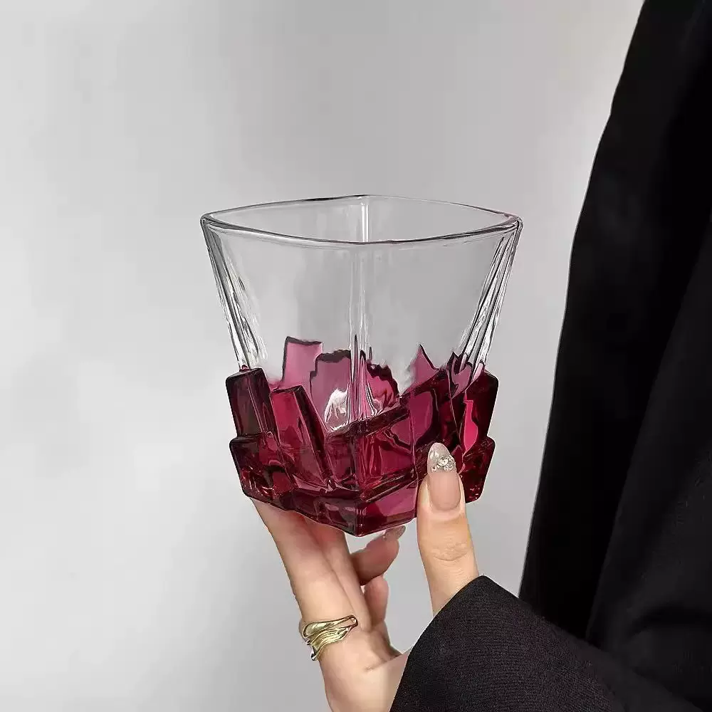 彩绘轻奢高档红色冰块杯玻璃杯小众设计感喝水杯威士忌酒杯洋酒杯