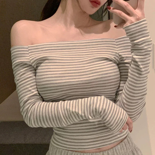 Ins sexy pure desire stylish striped base long-sleeve T-shirt for women, hot girl night club V-neck one-piece top, versatile women's top