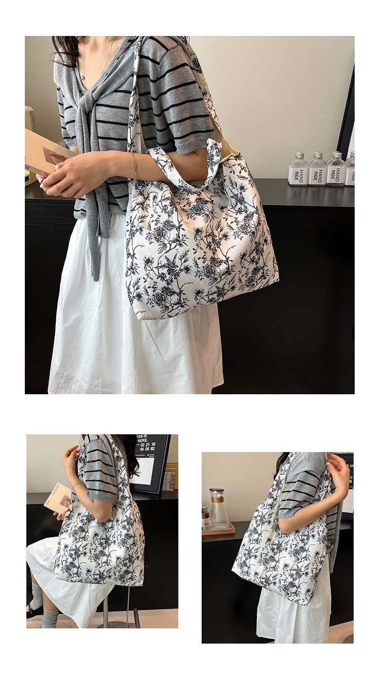 Summer new black and white floral fabric bag, large-capacity, artistic and laid-back style single-shoulder bag, fashionable and versatile crossbody bag Application Scenario