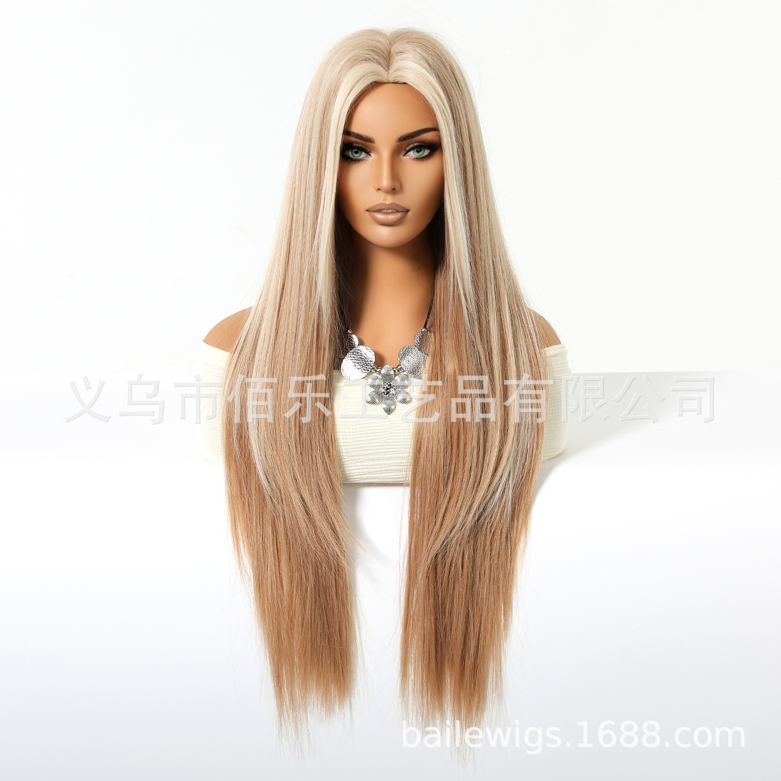 Peruca de cabello completo cubierta de cabello marrón claro gradiente platino teñido largo cabello recto seda de alta temperatura puede modelar pelucas al por mayor transfronterizas