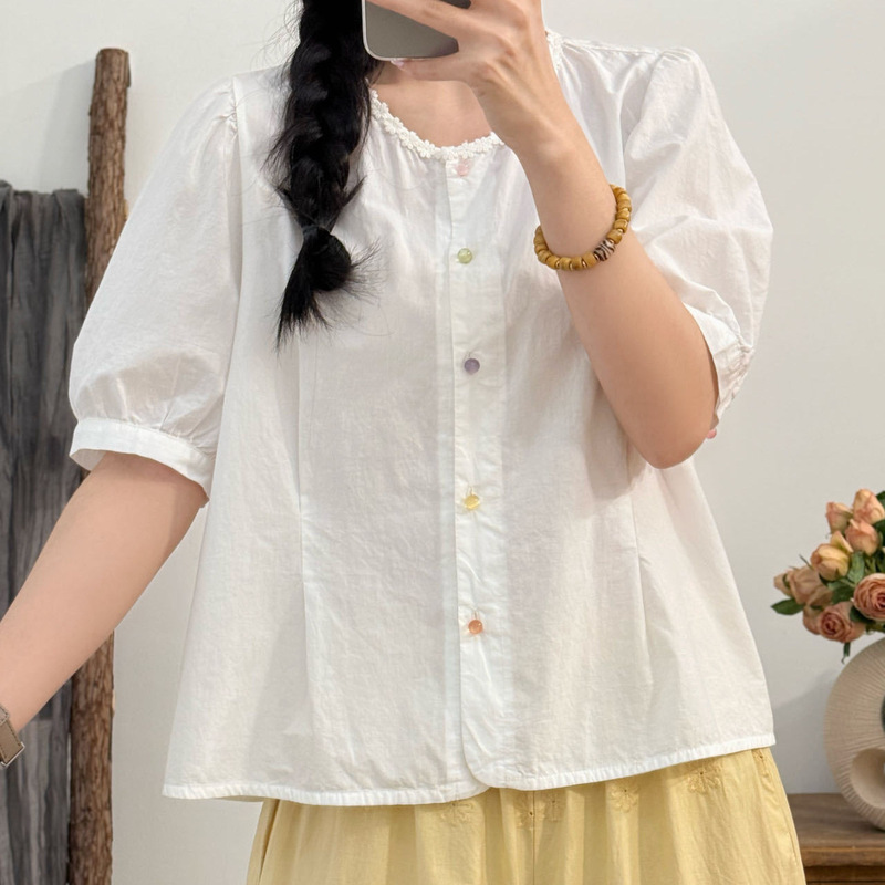 26 Summer Style Short-Sleeved Women's Loose Casual French Sweet Blouse Thin Skin-Friendly Lace Collar Patchwork Shirt Top 26 Summer Style Short-Sleeved Women's Loose Casual French Sweet Blouse Thin Skin-Friendly Lace Collar Patchwork Shirt Top