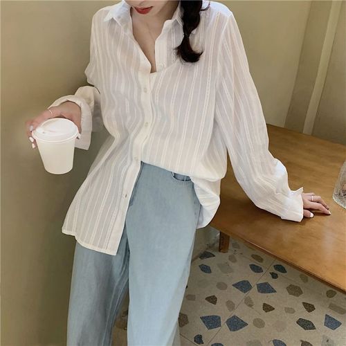Chic Korean Style White Striped Women's Thin Shirt 2025 Spring Design Sensory Loose Long-Sleeve Blouse Summer