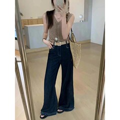 2025秋季高腰拼接毛边直筒牛仔裤女新款复古弹力不贴腿阔腿微喇裤