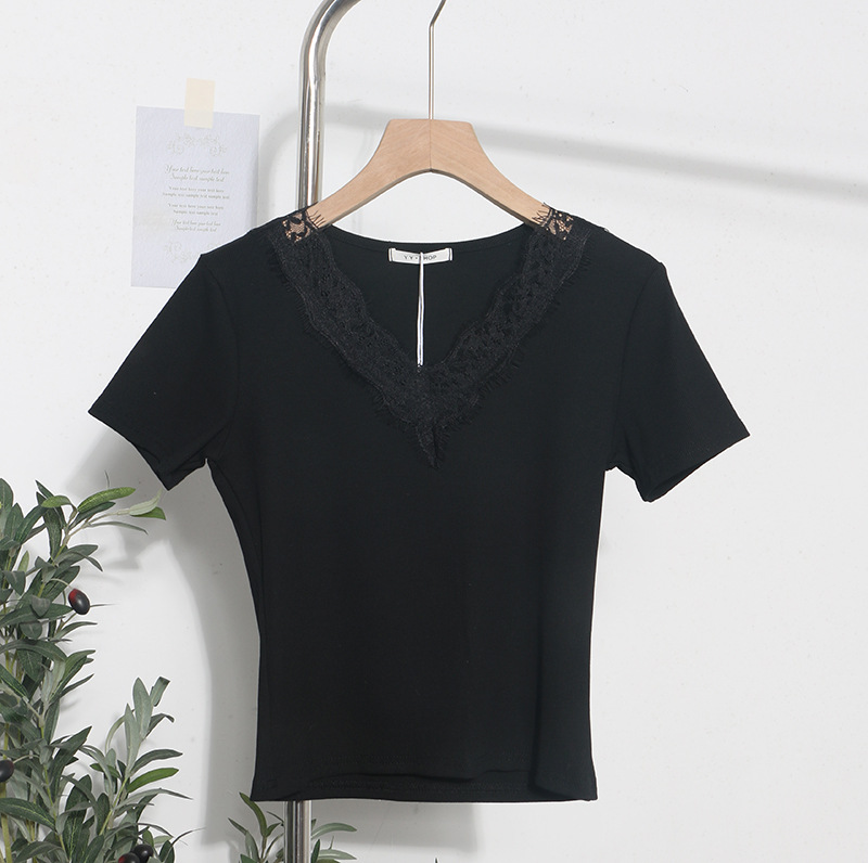Summer Romantic Lace V neck Sexy T shirt Short Small Slim Short Sleeved Tops