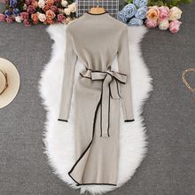 跨境小个子法式系腰带连衣裙女长袖高级感性感包臀开叉针织裙秋冬