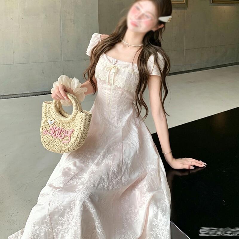 Misty Pink Tea Party Elegant Lace Patchwork Embroidered Long Dress A-line Waist-Cinching French Gentle Style Pink Dress for Women Misty Pink Tea Party Elegant Lace Patchwork Embroidered Long Dress A-line Waist-Cinching French Gentle Style Pink Dress for Women