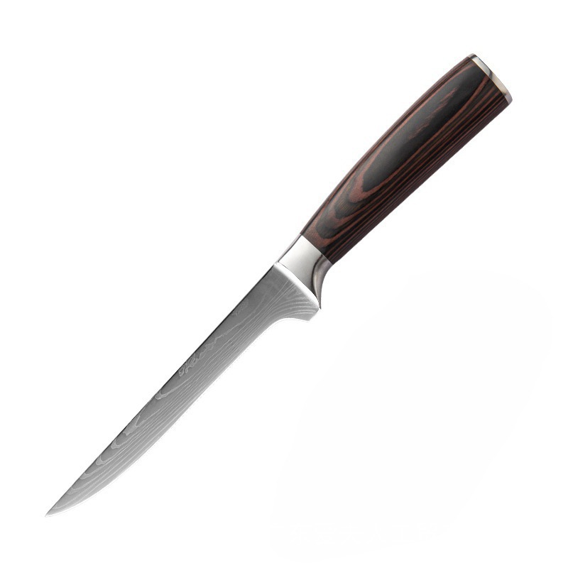 Venta caliente transfronteriza patrón de Damasco cuchillo de chef mango de madera de color cuchillo de cocina de acero inoxidable juego de cuchillos de estilo japonés Sande al por mayor