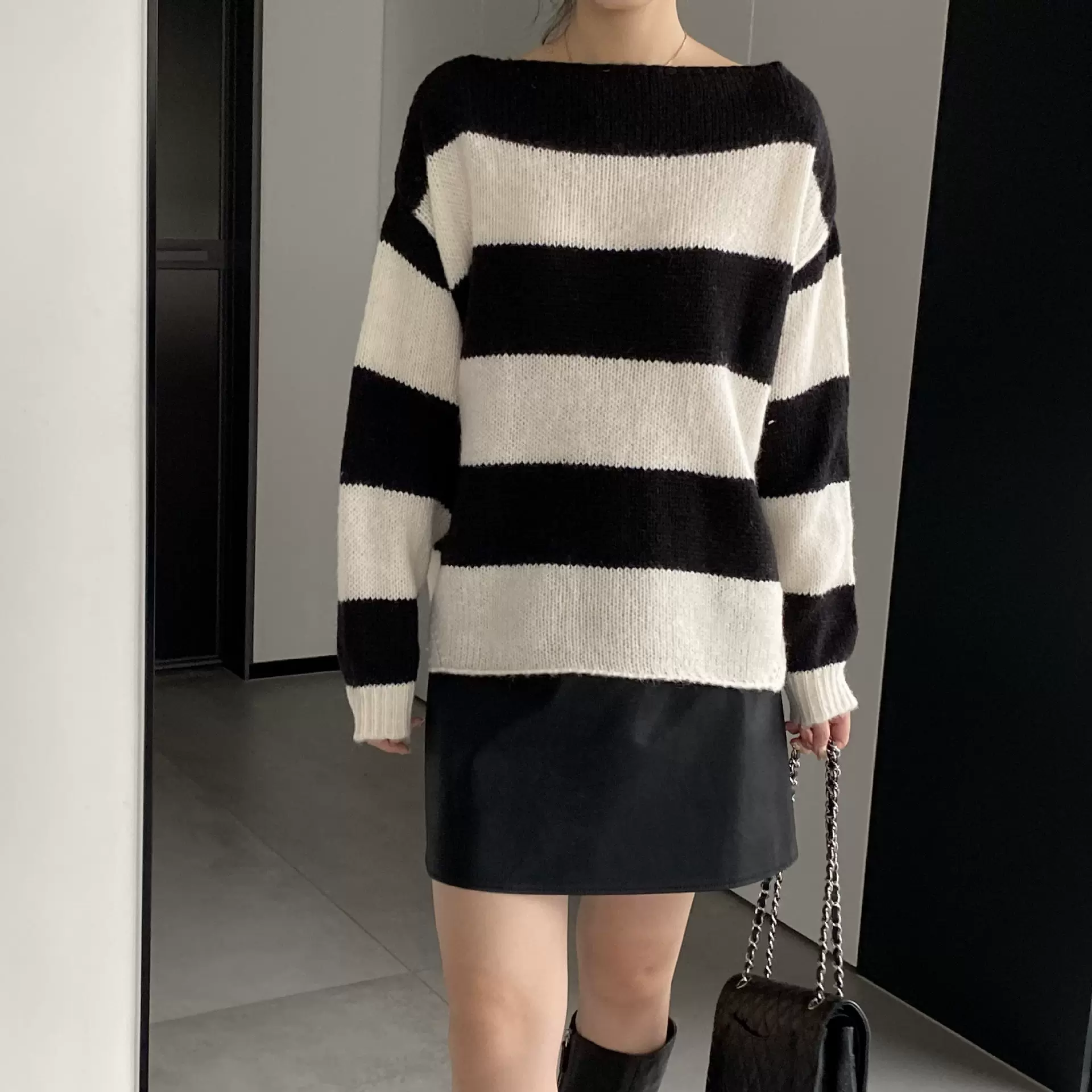 清马海毛毛衣条纹宽松秋冬上衣女 韩版慵懒风长袖毛衣R672