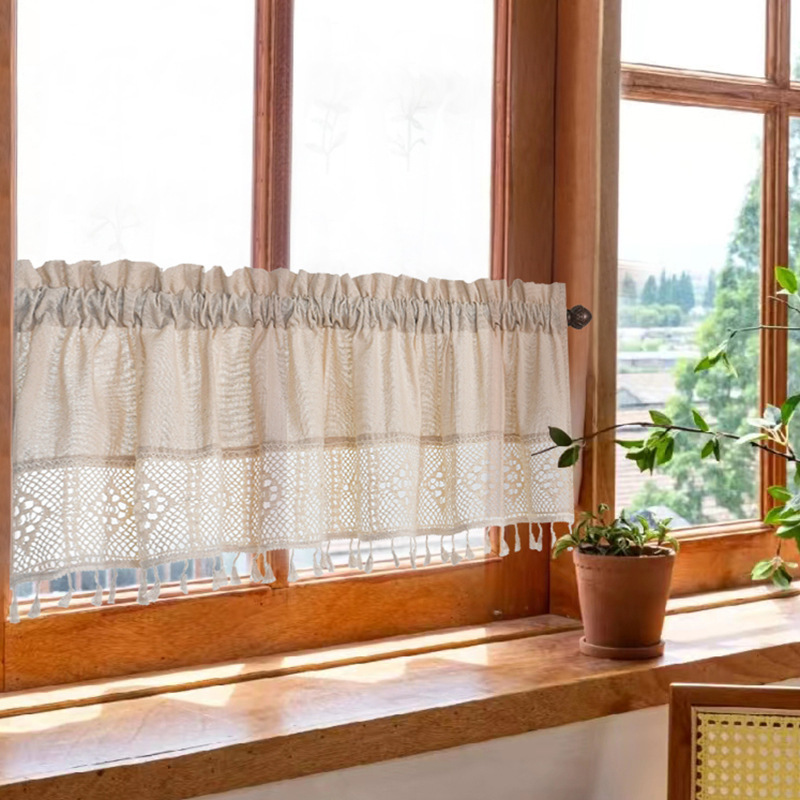 Foreign Trade Cross-Border Factory Direct Sales Linen Cotton Lace Short Curtain Finished Product Short Curtain with Tassel Lace Japanese and Korean Style Partition Curtain
