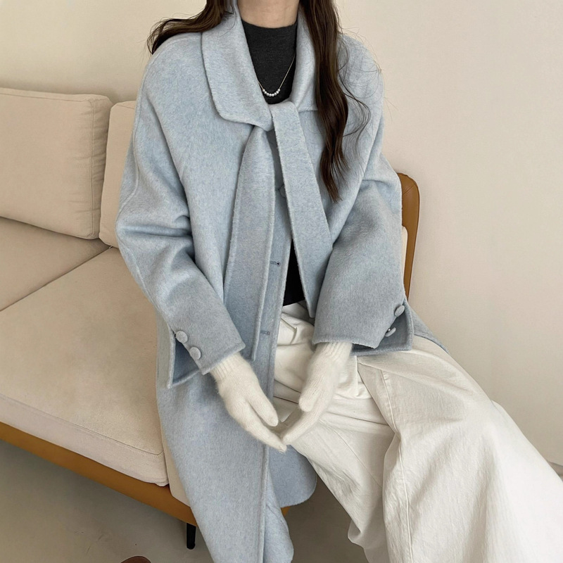 2025 New Autumn and Winter Double-Sided Wool Outwear Women's Design Mid-Length Lace-Up Loose Woolen Outwear