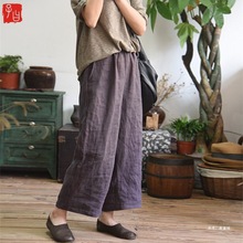 原创棉麻松紧腰休闲裤文艺打坐阔腿裤宽松百搭直筒九分裤子女