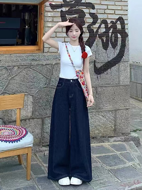 大码复古美式牛仔裤女2025春夏胖mm宽松高腰显瘦直筒阔腿拖地裤子|undefined