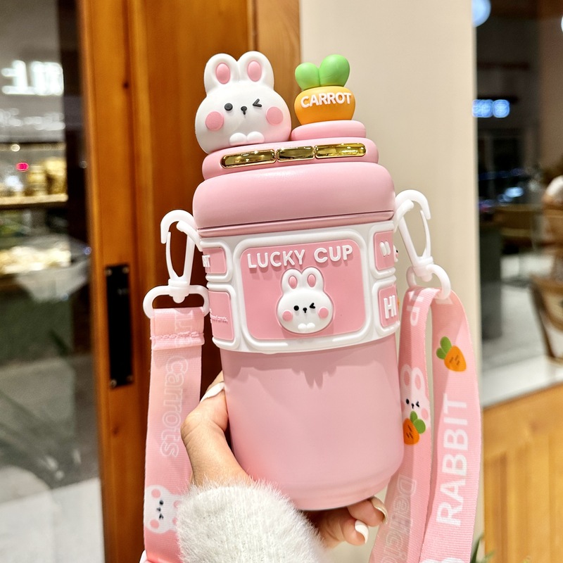 新しいストロー付き保温カップ、かわいい女の子や子供向け、高見えするデザイン、通学用、ネットで話題の二層構造水筒|undefined