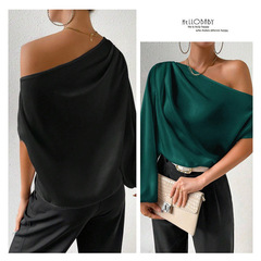 斜肩長袖T恤 性感露肩寬鬆露肩氣質女裝 亞馬遜跨境歐美斜領上衣