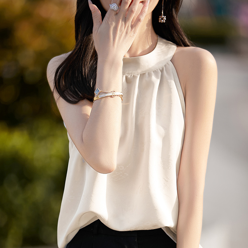 2024 Summer New French Acetic Satin French Neck Chiffon Camisole Women's Design Top