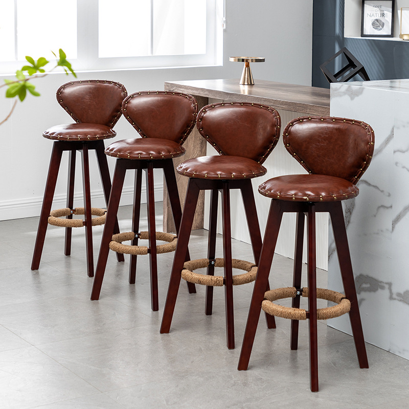 Nordic Light Luxury Bar Chair Household Solid Wood High Stool Bar Chair Rotatable Backrest Bar Stool Modern Simple
