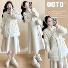 孕妇装冬季新款时尚新中式国风加厚中长款棉服外套打底裙气质套装