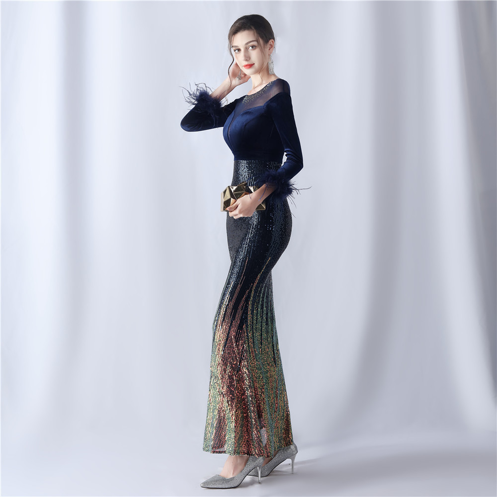 Women's gradient beaded diamond velvet high-end evening dress_voghion.com