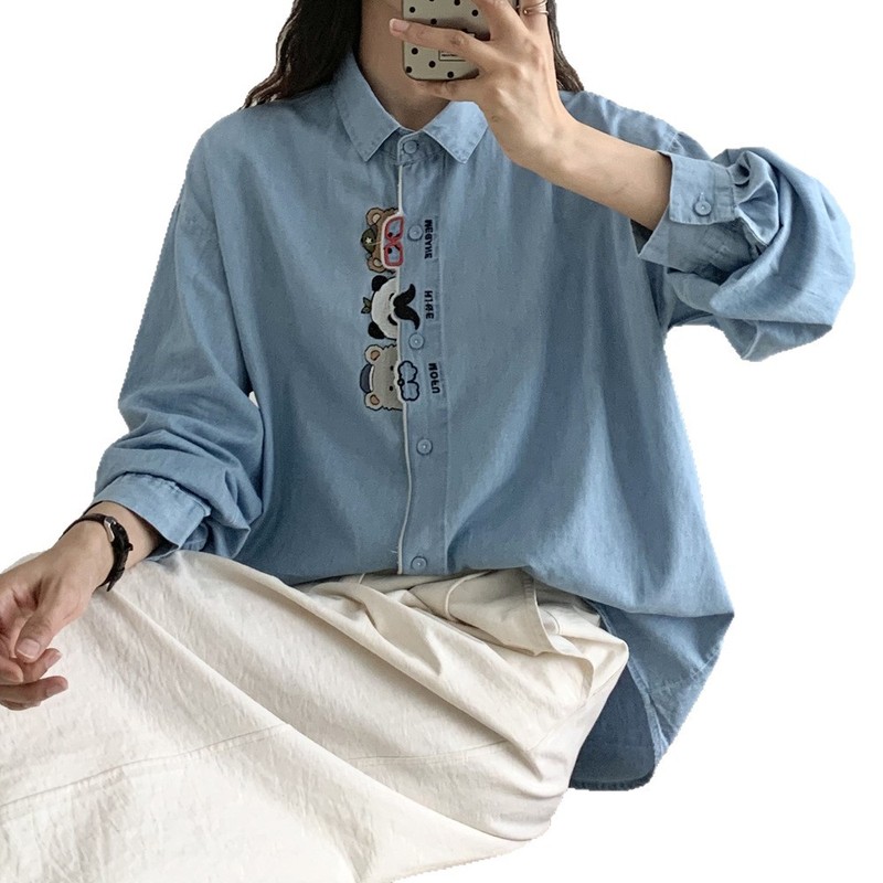 春季新款复古文艺卡通刺绣纯棉牛仔衬衫 翻领宽松上衣开衫女|undefined