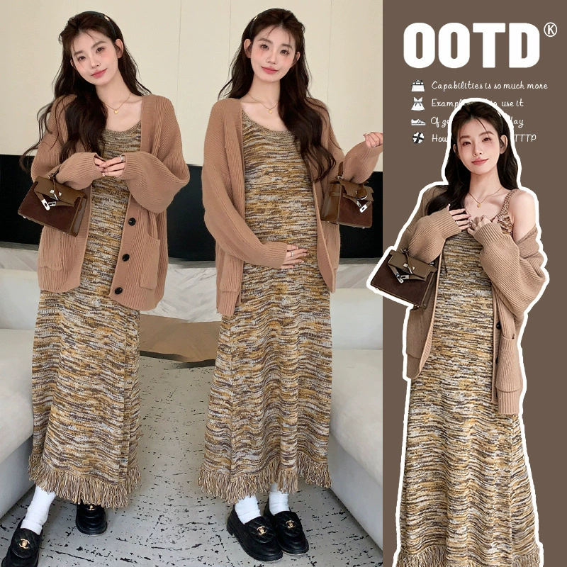 Снимок спот ~ 2024 осенний и зимний набор корейская модная свободная подтяжка с кисточкой юбка свитер кардиган набор из двух частей
