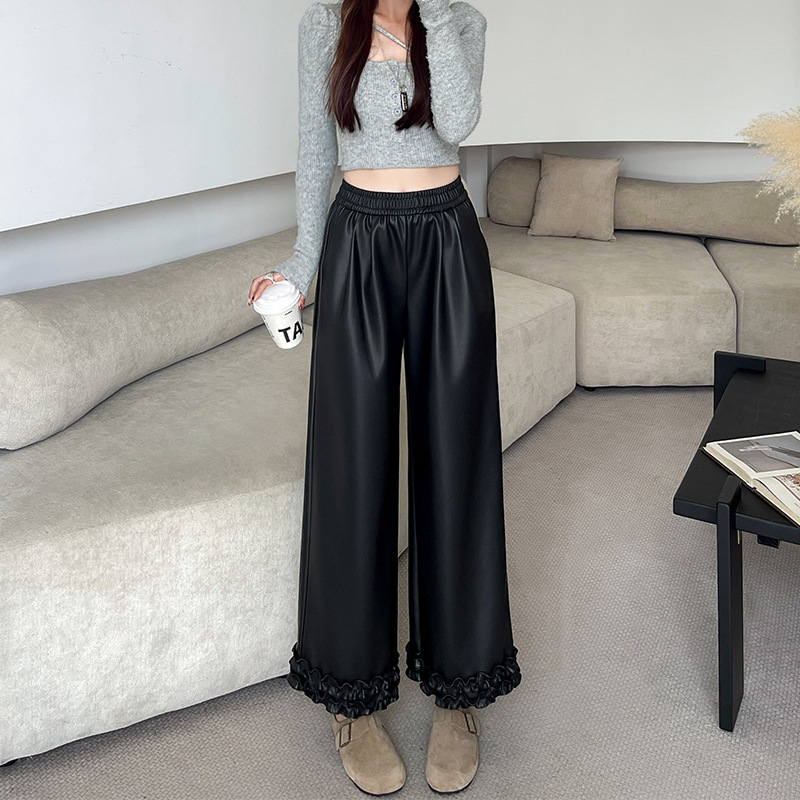 Double-Layer Ruffled Suede Women's 2025 Autumn New European High-Waisted Fashion Pu Leather Cropped Wide-Leg Pants