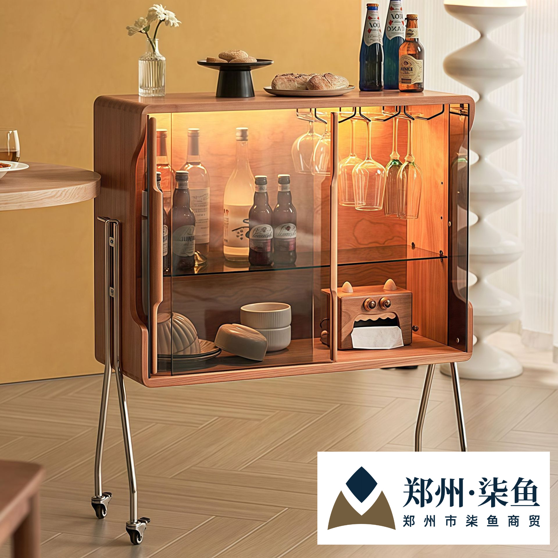 Mid-Retro Living Room Movable Glass Wine Cabinet Sofa Display Dining Side Wall Storage Entrance Storage Shelf