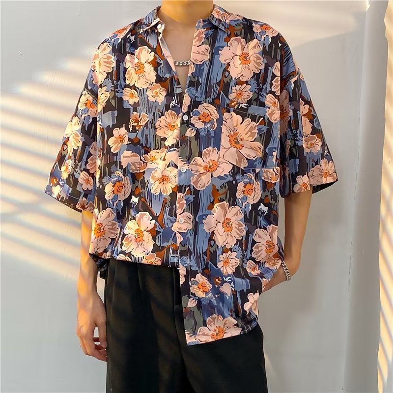 Hong Kong estilo Retro Vintage floral camisa manga corta Estilo Hawaiano tailandés diseño Ruan guapo camisa suelta para hombres y mujeres