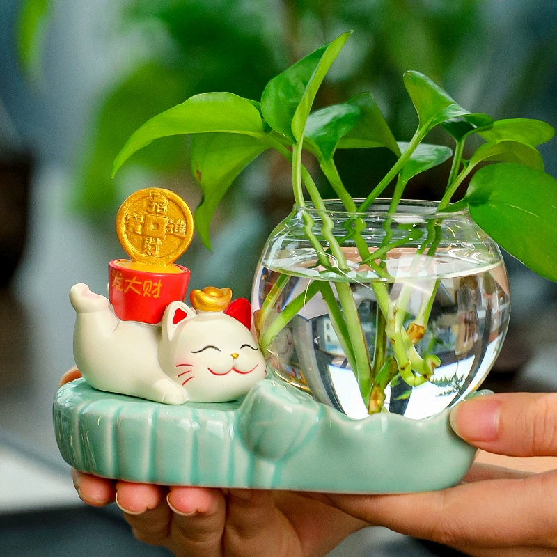 Удачная кошка гидропонная ваза офисная мастерская украшение дома гостиная столешница декоративный цветок зеленая ваза подарок