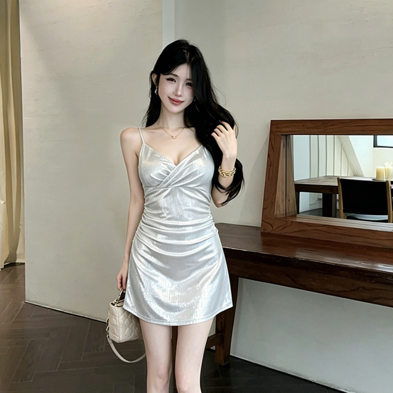 0161 Sexy Glitter Fabric Spaghetti Strap Dress for Women, Nightclub Dance Wear, Slim Fit, Backless, Elegant Bodycon Short Dress
