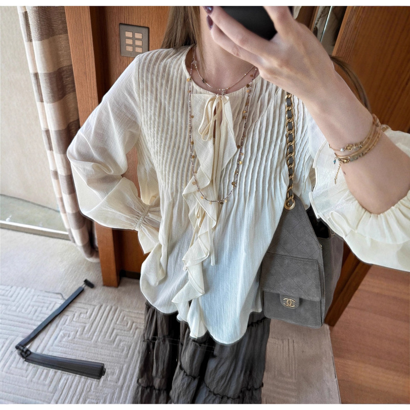 Mx Two Colors! 100 Cotton Lace-Up Ruffled Long-Sleeved Shirt Design Early Autumn Elegant Niche Tops for Women