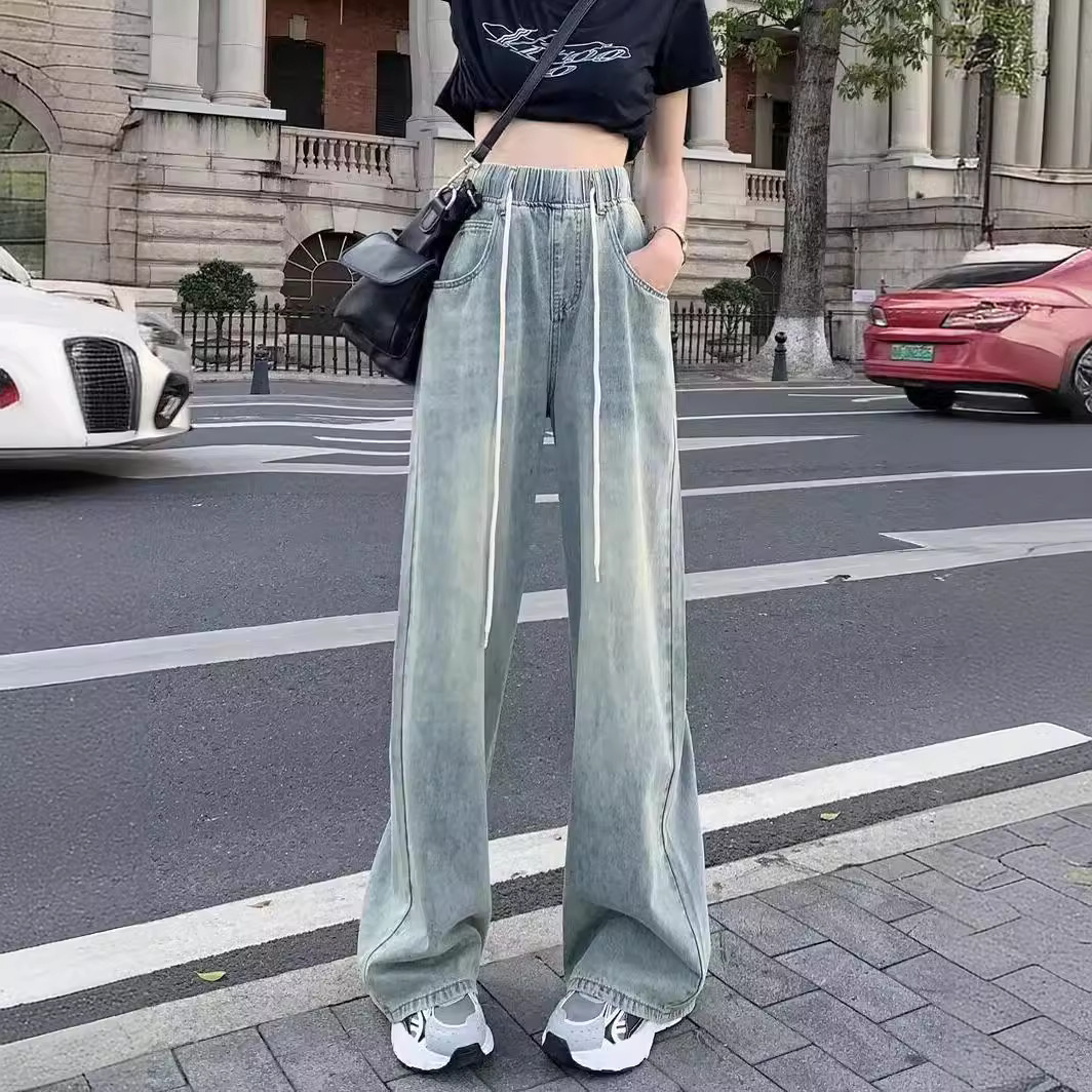 American Retro Jeans for Women, New Spring and Autumn Drawstring Straight-Leg Pants, High-Waisted Slimming Floor-Length Pants, Trendy on Instagram
