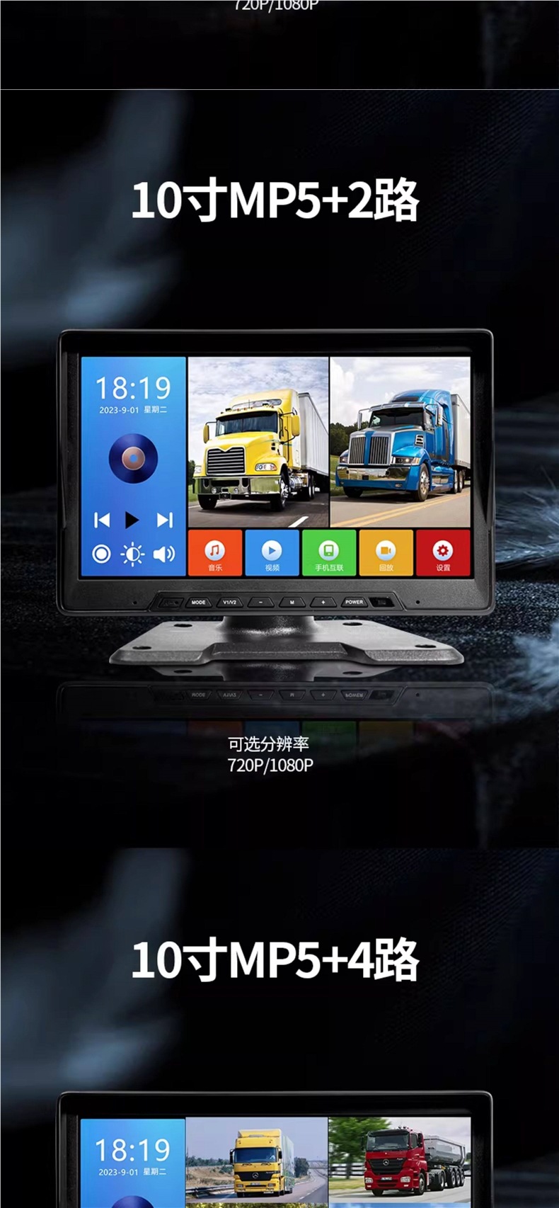 Truck reversing camera MP5 on-board display screen, two-channel or four-channel high-definition monitoring, 24V dashcam monitor