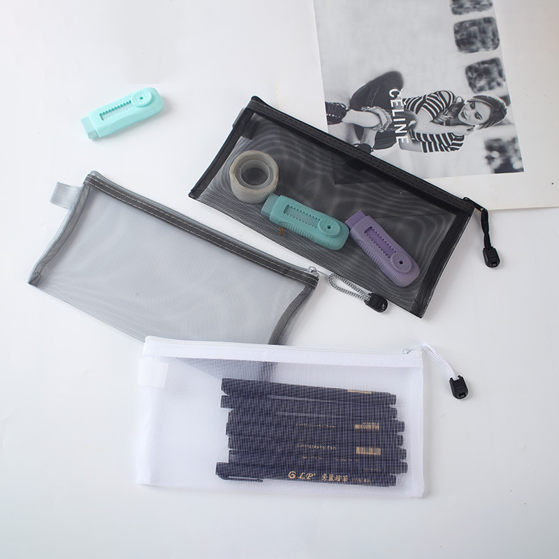 Simple transparent mesh pencil case storage bag, portable pencil case for student exams, large-capacity pencil bag storage