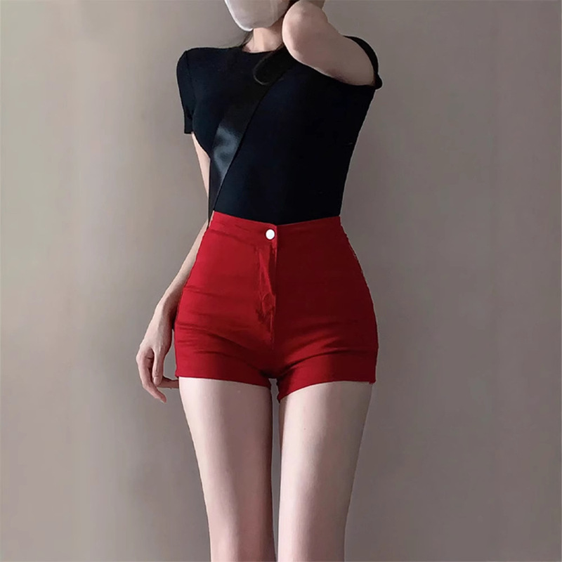 Women's New Denim Shorts with High Elasticity, Slimming, Sexy, Hip-Hugging, A-Line, Red, Wide-Leg, Outerwear Hot Pants