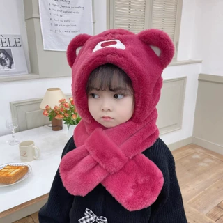 秋冬款儿童帽子卡通加厚毛毛帽可爱保暖儿童草莓熊帽子围巾一体帽
