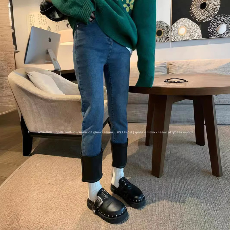 [in stock] MONA new fleece jeans children smoke tube straight high waist blue black autumn and winter