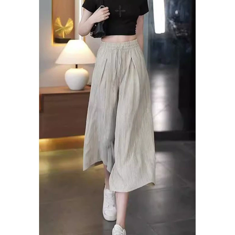 Летние новые укороченные широкие брюки из ледяного шелка на шнурке для женщин 2025, драпированные ленивые прямые брюки с высокой талией, брюки больших размеров