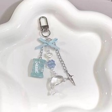 【海豚之音】水蓝色蝴蝶结爱心串珠钥匙扣挂件手机链卡册扣咕本链