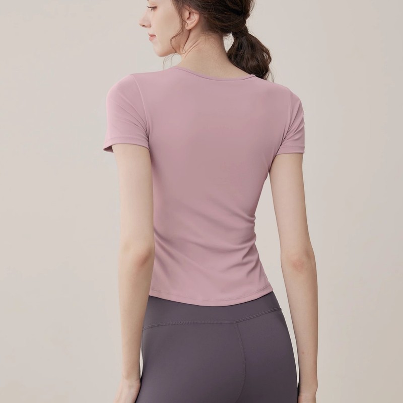 女性用ヨガウェア 2025 新しいスタイル半袖ランニングスポーツトップ胸パッド付きピラティストレーニングウェアフィットネスウェアセット|undefined