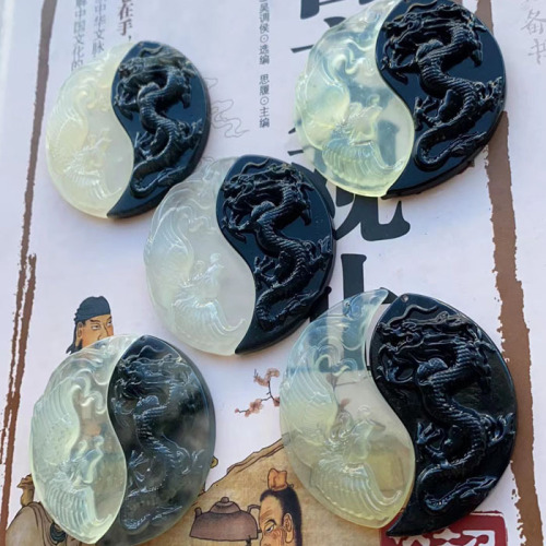 Natural jade dragon and phoenix pair pendant Xiuyu Bagua color black and white with dragon and phoenix pair pendant couple model