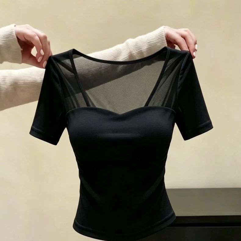 French-Style Pure Desire Retro Splicing Mesh Design Square-Neck Short-Sleeve T-Shirt for Women, 2026 Summer New Elegant Top